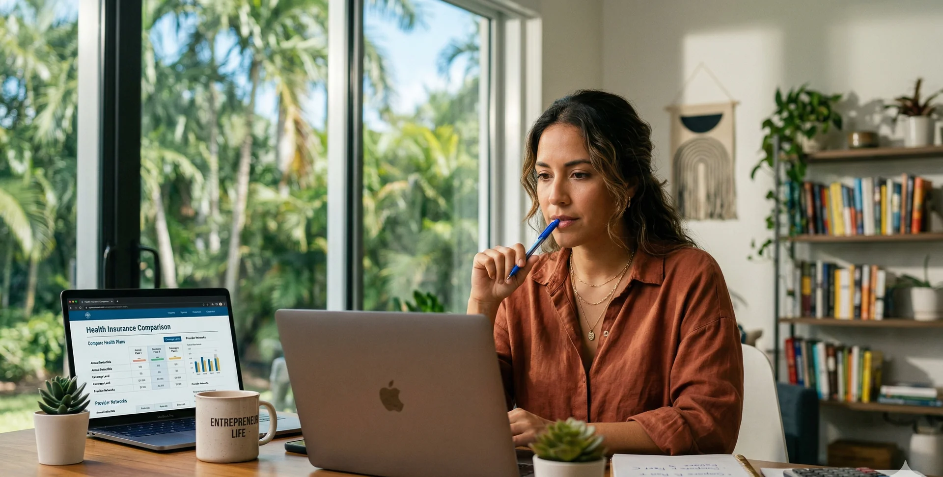 Mujer latina trabajadora independiente revisando opciones de seguro ACA