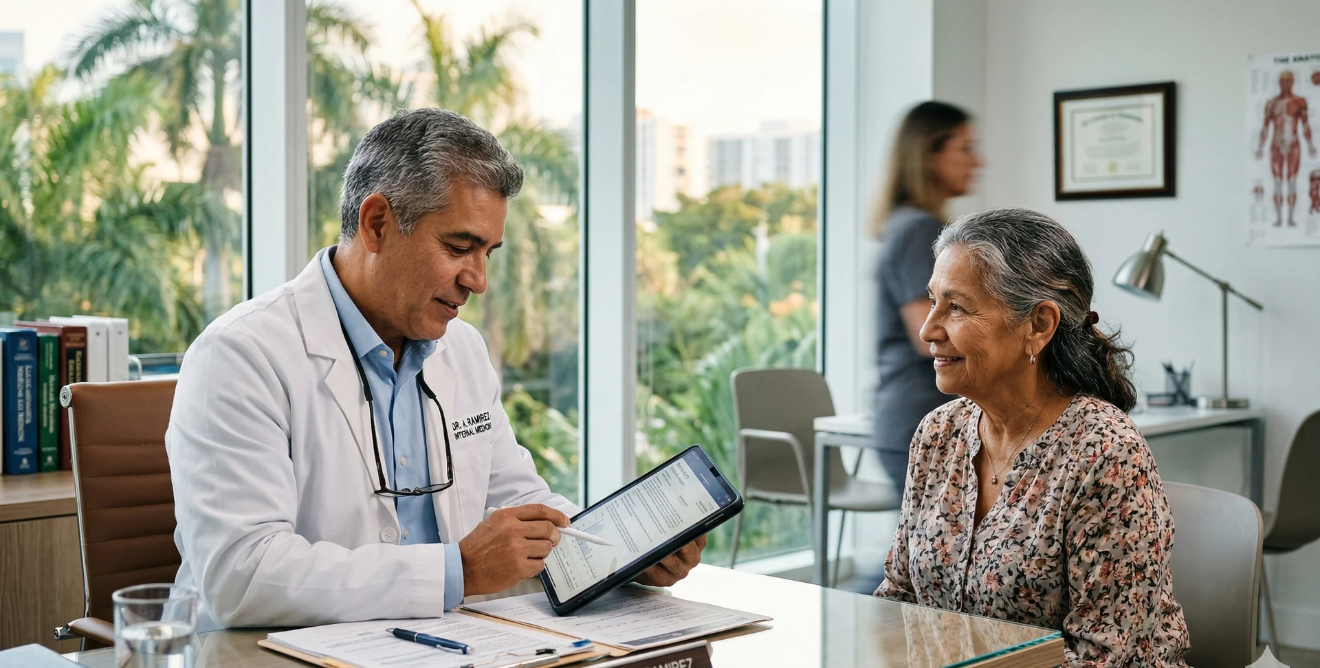 Doctor latino consultando con paciente mayor en clínica de South Florida