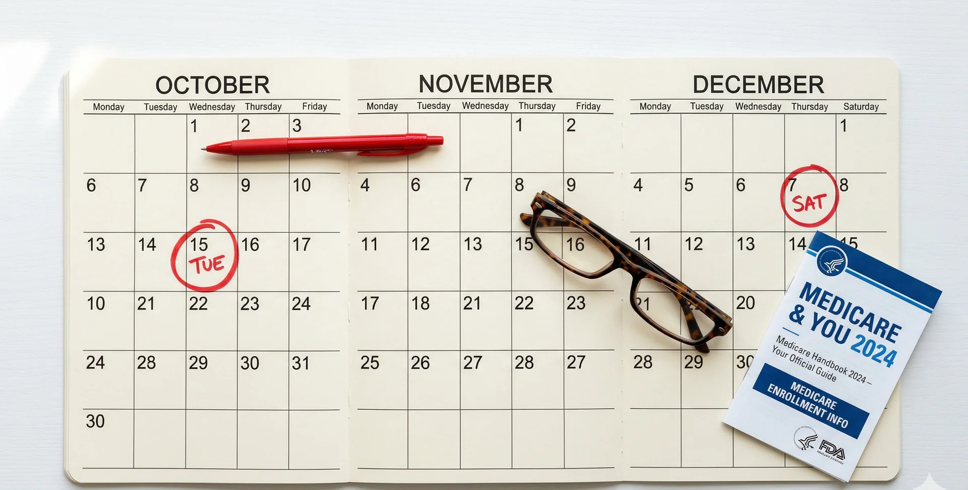 Calendario con fechas importantes del período de inscripción Medicare 2026